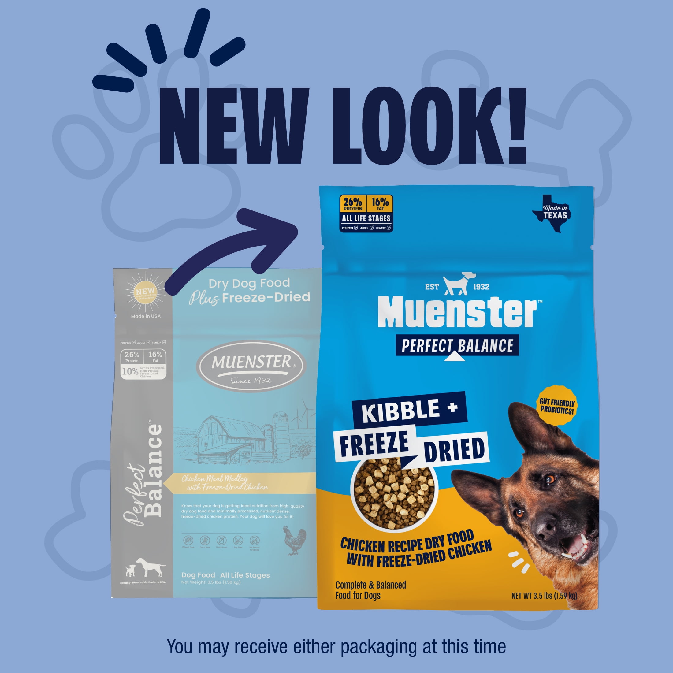 (4 pack) Muenster Perfect Balance Chicken Kibble and Chicken Bites Freeze Dried Dog Food, All Life Stages, 3.5 lb Bag