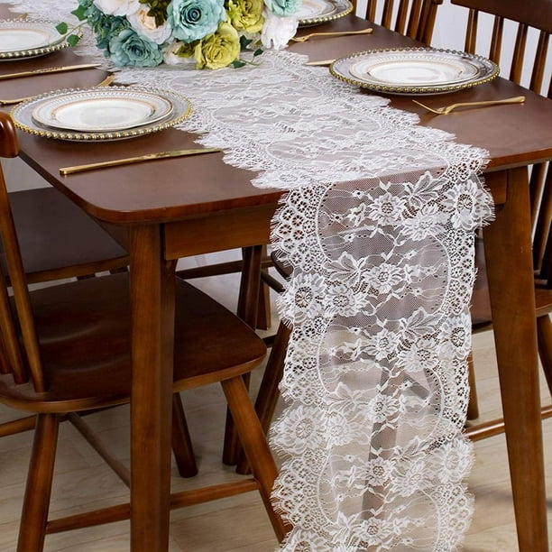 Vintage White Lace Table Runner Overlay Exquisite Lace Fabric with Rose