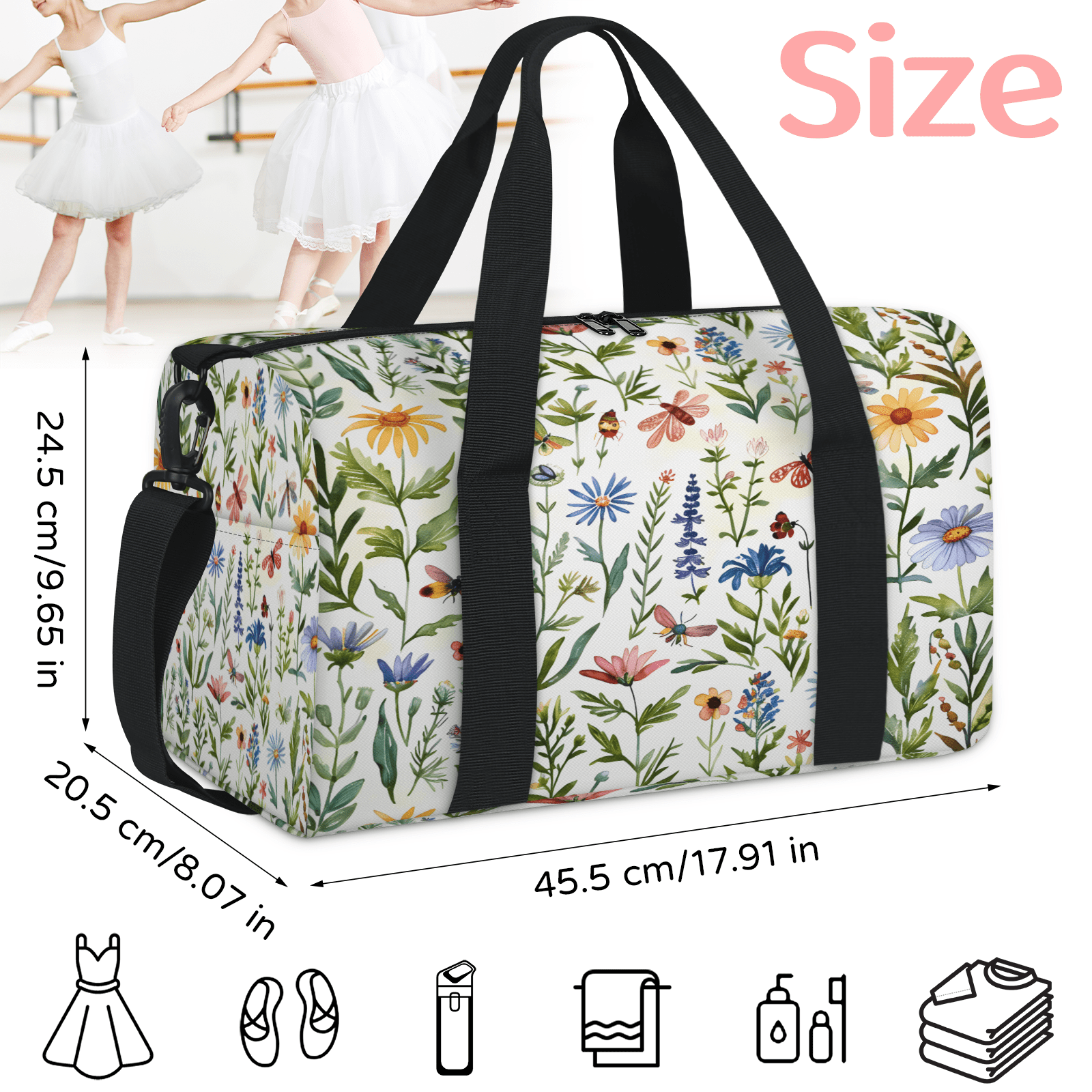 Herdesigns Spring Summer Cute Floral Gym Bag for Women, Duffle Bag for Travel Sport, Lightweight Waterproof Carry on Weekender Overnight Dance Yoga Workout Bags