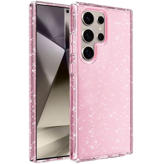 For Samsung Galaxy S25 Ultra Case, Transparent Glitter Shiny Sparkle Bling TPU Rubber Hard Back Hybrid Frame Shockproof Phone Cover (Pink)