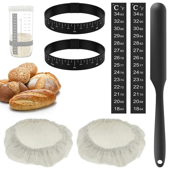 7Pcs Sourdough Starter Kit Sourdough Starter Accessories Kit with Cloth Covers Temperature and Date Marked Feeding Bands and Scraper Replacement Sourdough Starter Kit for 3-4 Inches Jars