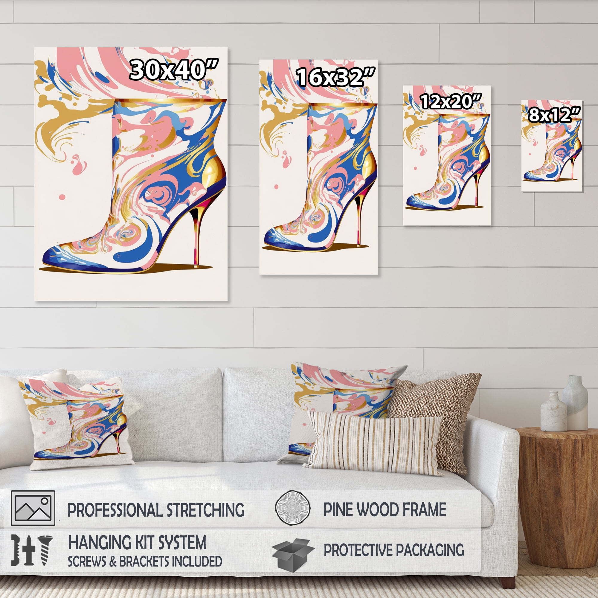 Designart Pink And Blue Art Deco High Heel Boots IV Canvas Wall Art