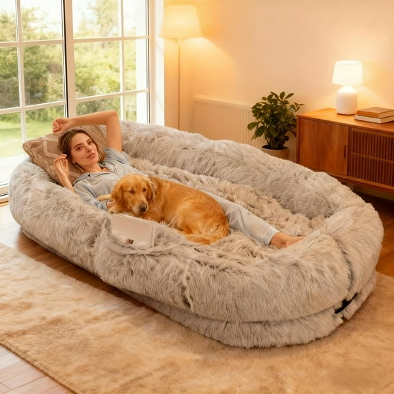 Orthopedic Dog Bed for Humans & Pets, Washable Faux Fur Oval Bed with Plush Pillow & Blanket, Comfortable Nap Spot for Medium Dogs