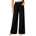 thumbnail image 3 of Women's Soft Cotton Loose Straight Leg Pants with Elastic Waist, Casual Wide Leg Trousers with Side Pockets, Tummy Control, Summer Breathable, Work Lounge | TruHer,Black XL, 3 of 8