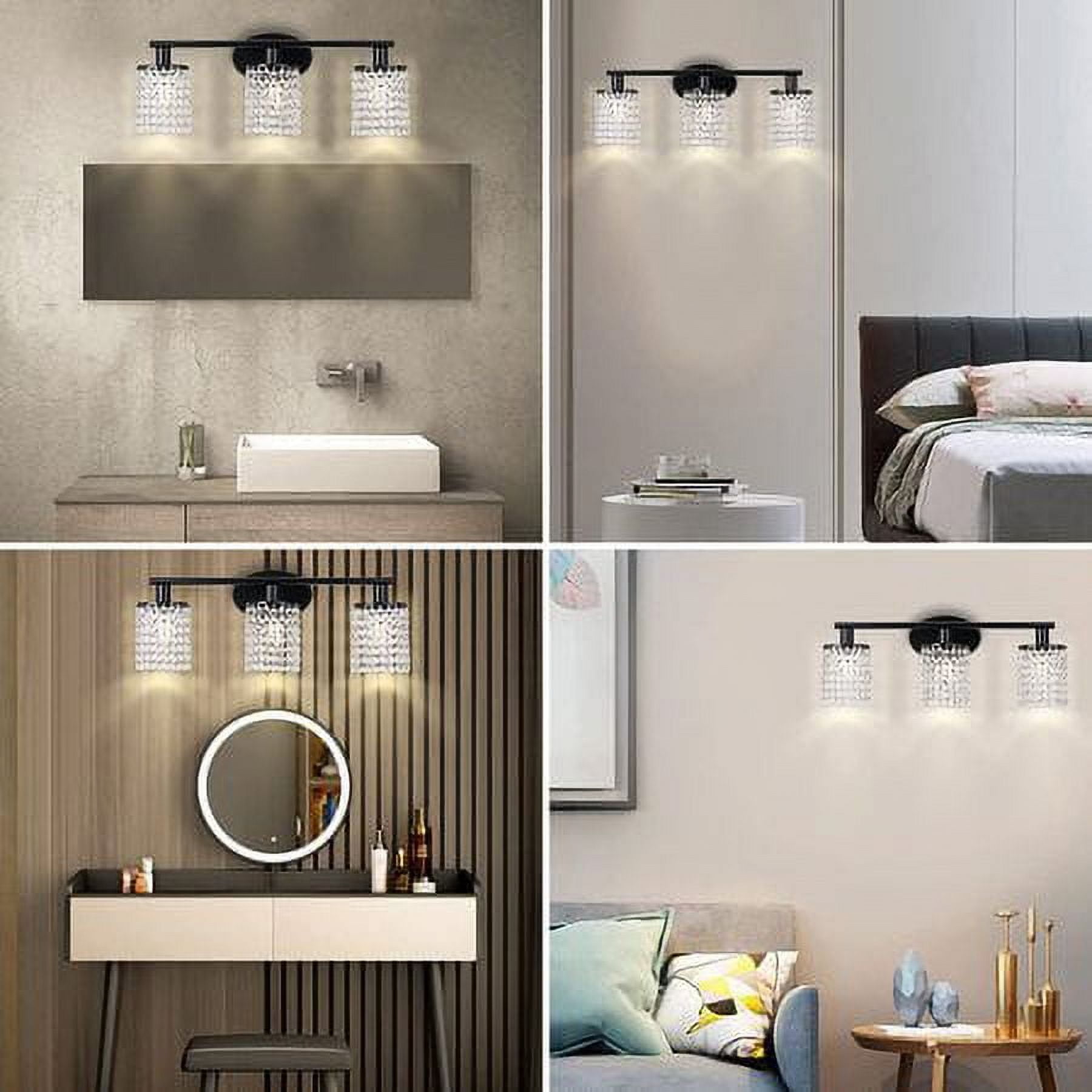 LOHAS 3-Light Modern Black Bathroom Vanity Lights with Crystal Shade, Industrial Crystal Drop Bathroom Lighting Fixtures,Interior Lighting Fixture Over Mirror