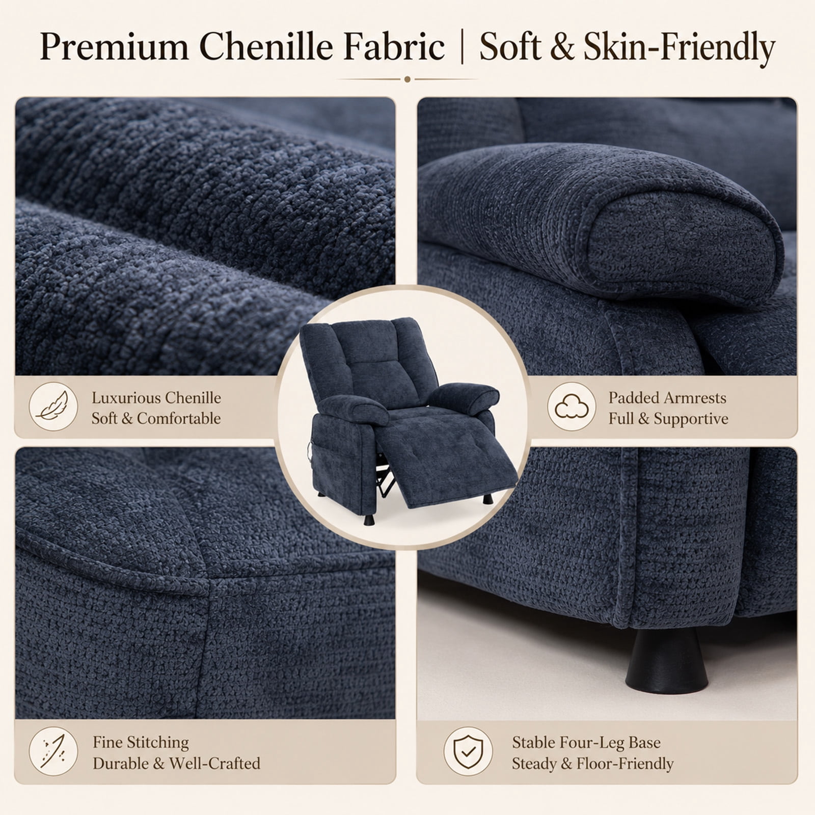 Leumius Recliner Chair, Ergonomic Tufted Cushion Single Recliner with Chenille Fabric, Side Storage Pocket, Anti-Slip Wooden Legs, 300lbs Capacity for Living Room Bedroom Gaming Lounge,Blue