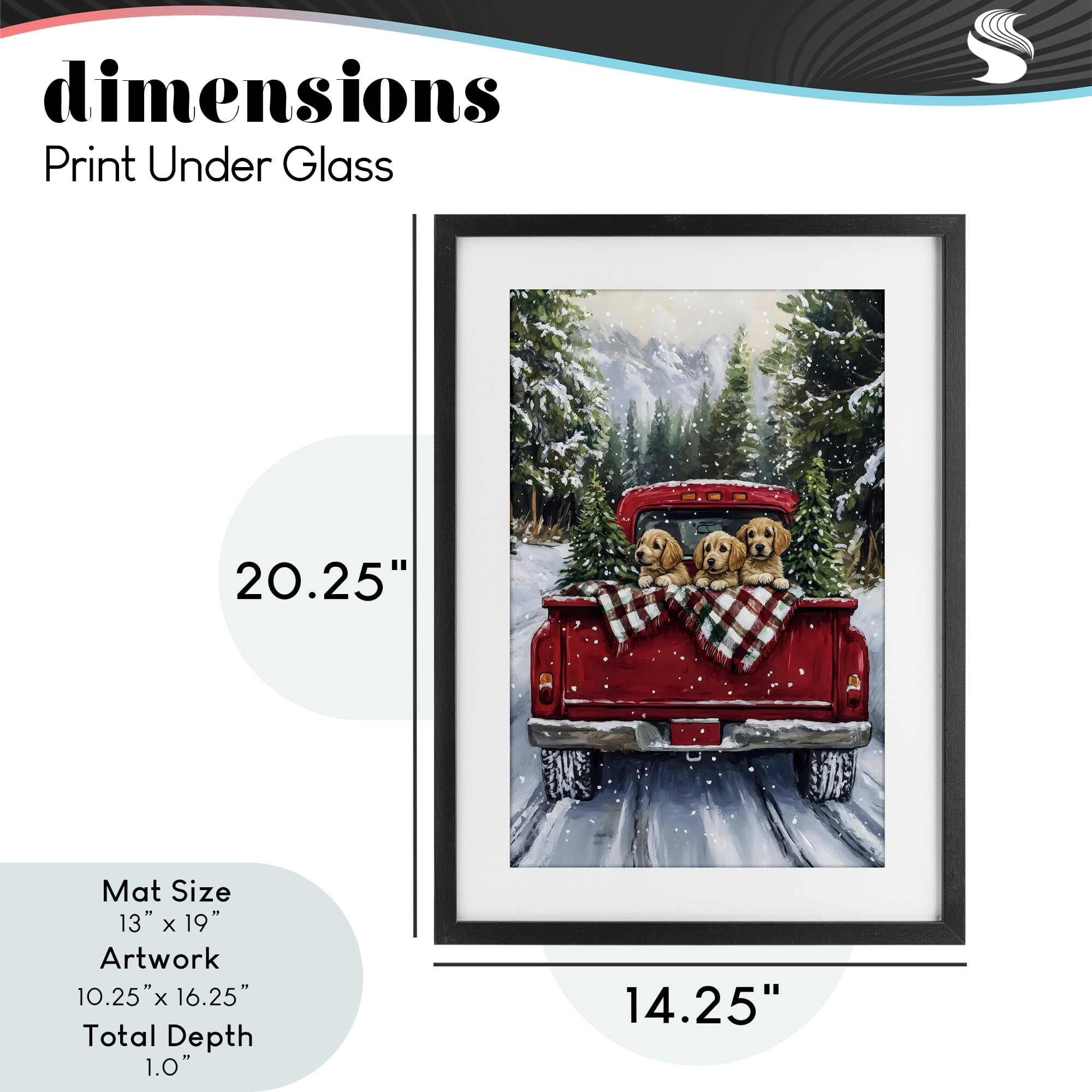Golden Pups Christmas Truck Black Framed Print Under Glass, design by Petal Prints Design