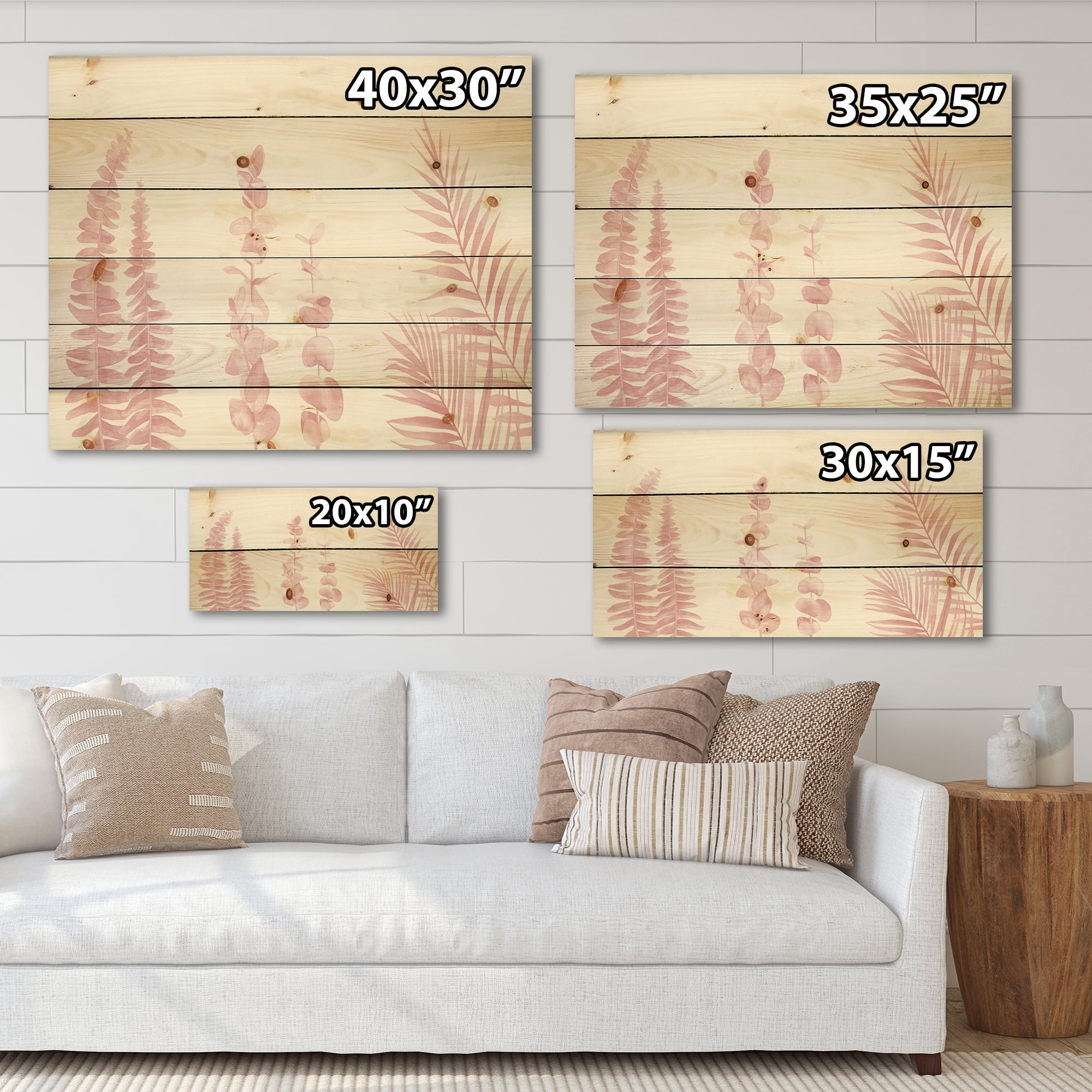 Designart 'Palm Branches and Blush Pinkeucalyptus' Shabby Chic Print on Natural Pine Wood