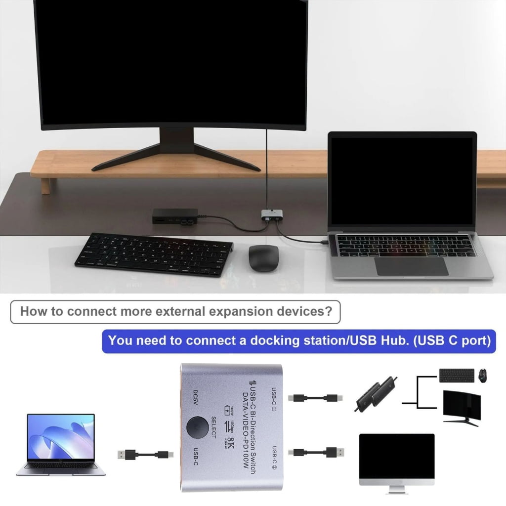 8K USB C KVM Switcher BiDirectional USB C Switcher for 2PC Easy 1 Key Switching 2 In 1Out & 2 in 1Out 3440x1440