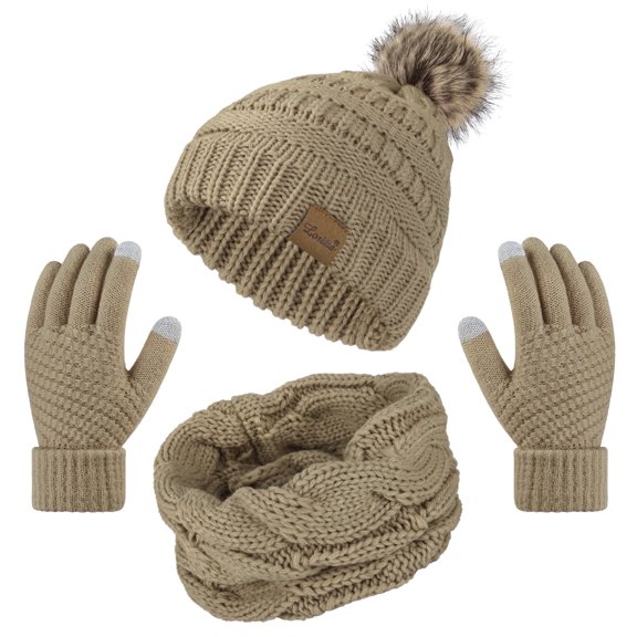 Loritta 3 Pcs Women Winter Hat and Gloves Sets, Knit Classic Long Scarf Warmer Accessories Khaki