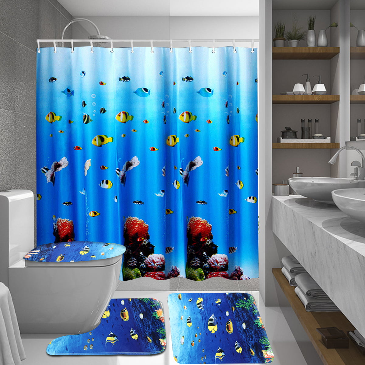 Blue Wood Board Shower Curtain Waterproof Fabric 12 Hooks Bathroom Curtains Set