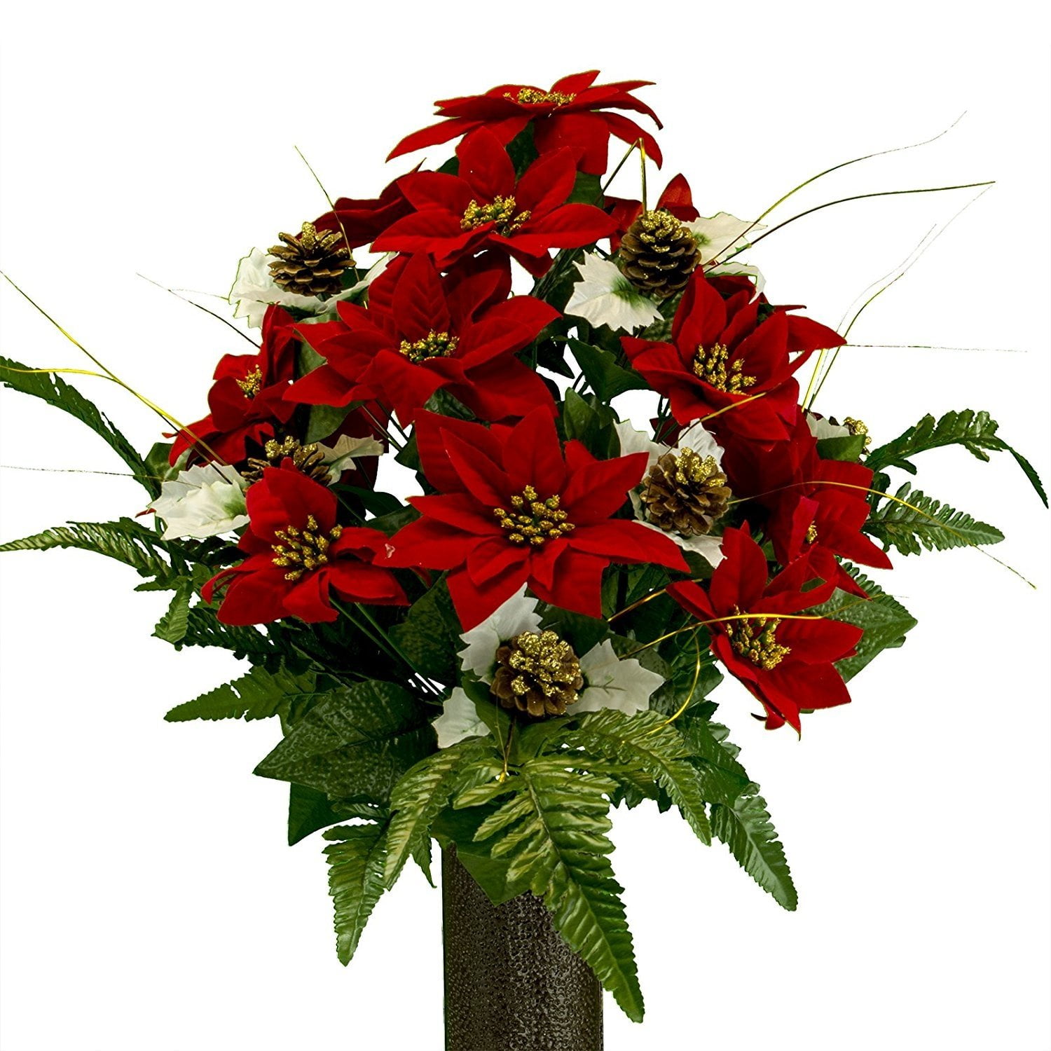 Red and Gold Poinsettia with Pine Cone Mix, Artificial Bouquet