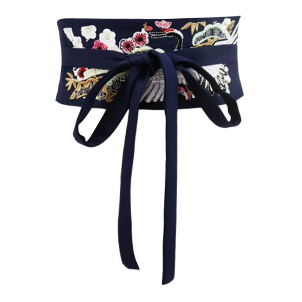 Cinturón Obi para mujer, bordado con lazo, cintura ancha para vestido de ceremonia del té. Azul