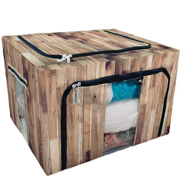 PKQWTM wood brown plank texture Storage Bag Clear Window Storage Bins Boxes Large Capacity Foldable Stackable Organizer With Steel Metal Frame For Bedding,Clothes,Closets, Bedrooms