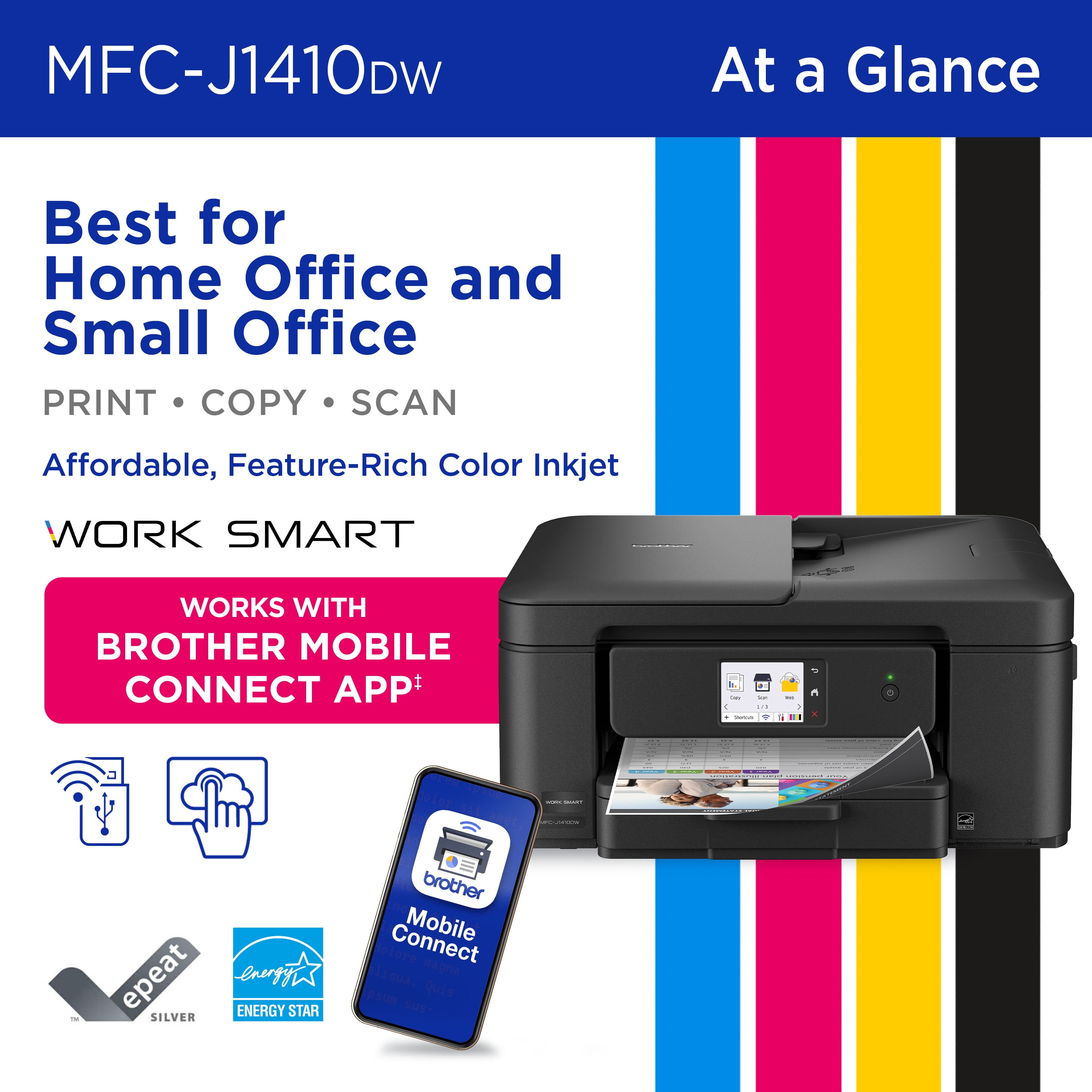 Brother Work Smart 1410 MFC-J1410DW Wireless Color Inkjet All-in-One Printer with 2.7” Color Touchscreen and Automatic Duplex Printing