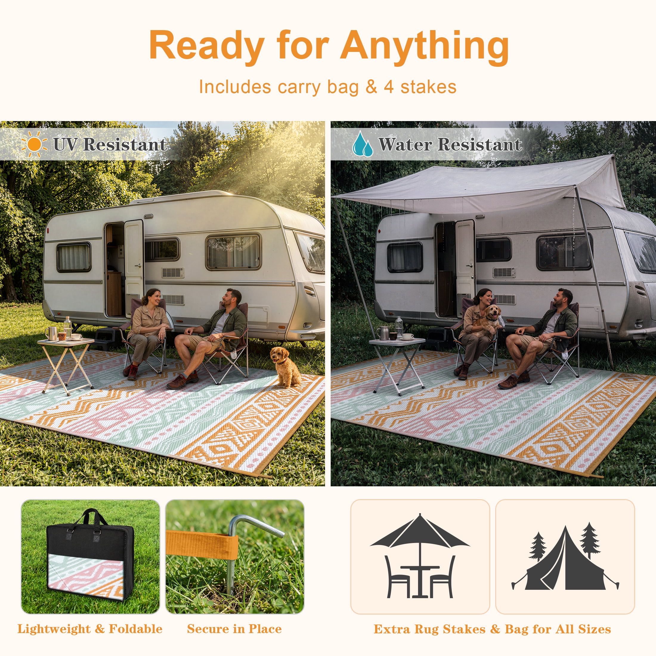 Moynesa Outdoor Rug Waterproof, 4'x6' Lightweight Plastic Straw Rug for Camping RV, Reversible Outside Carpet for Patio Deck Porch Balcony Picnic Tent, Pink/Orange