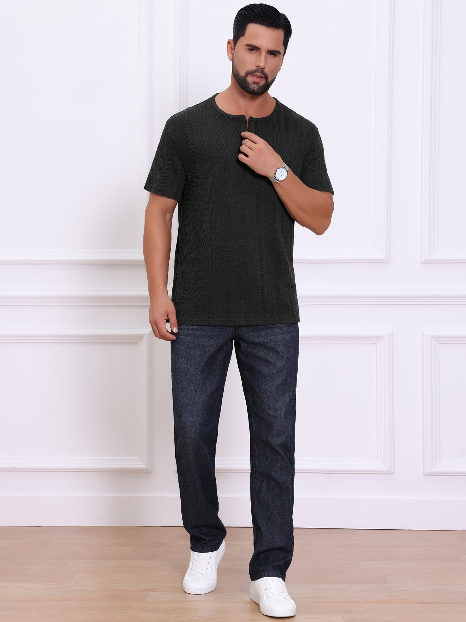 DARING DIVA Men's Henley Short Sleeve Button Down Jacquard Knitted T-Shirt M Black