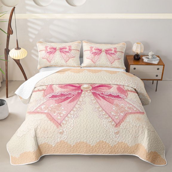 Erosebridal Pink Bowknot Pearl Twin Quilt Set for Girls, Vintage Ribbon Twin Coverlet Set, 2 Pieces