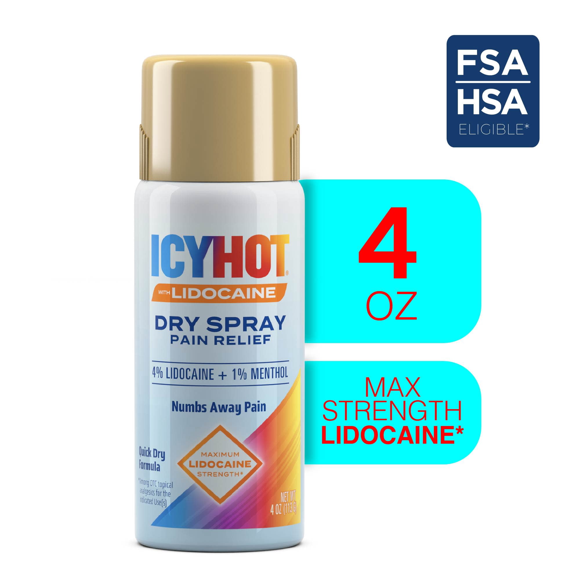 Icy Hot Lidocaine Pain Relief Dry Spray, Numb Aggravated Nerves With Max Strength Lidocaine 4% and Menthol 1%, Fast-Acting Pain Relief for Minor Pain, Backaches, Sprains and Strains, 4 oz