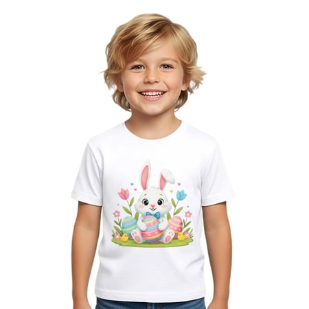 XAOFW Boy s T-Shirts Easter Short Sleeve Crewneck Cute Bunny Print Kids Casual T Shirts Daily Wear Comfort Fit Tee Shirts Party Night Versatile Cozy Children Tops