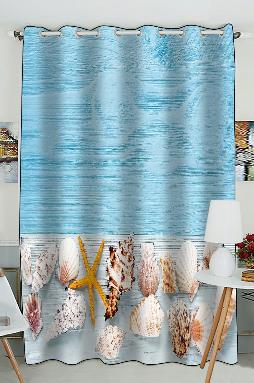 PHFZK Ocean Beach Theme Window Curtain, Starfish and Seashells on Blue