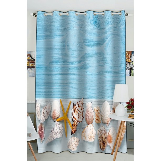 PHFZK Ocean Beach Theme Window Curtain, Starfish and Seashells on Blue