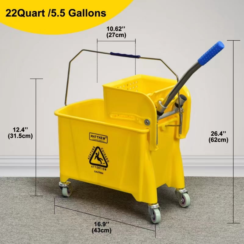 MATTHEW CLEANING Mop Bucket String Mop with Side Press Wringer On Wheels,Heavy Duty Tandem Portable Floor Cleaning Wavebrake,Ideal for Household,Industrial,Restaurant,22 Quart