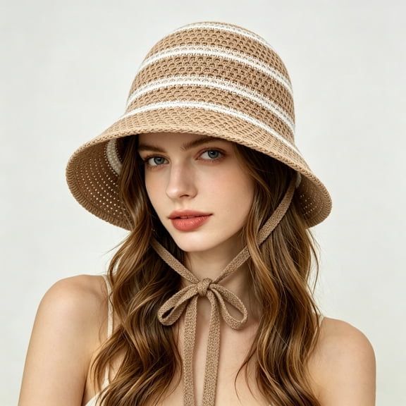 HuangHuanChen Bucket Hats for Women Striped Summer Fashion Wide Brim Sun Hat Versatile Foldable Packable Travel Fedora Hat Crochet Bucket Hat M
