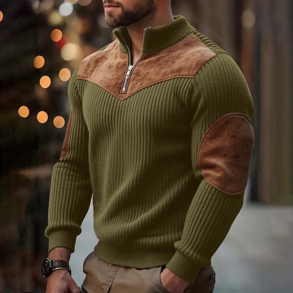 Handshe Men's Color-blocked Ribbed Pullover with Stand-up Collar and Patchwork Design, Warm Thermal Sweatshirt for Casual Daily Wear