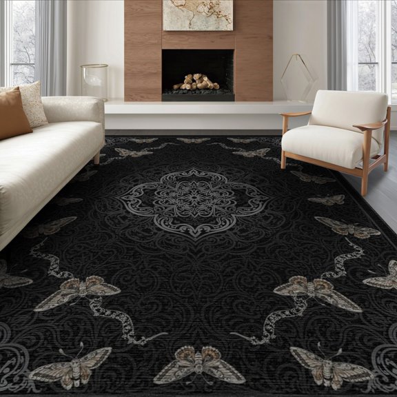 ODIKA 8'x10' Washable Area Rug Goth Moth Gothic Vintage Academia Border Traction Synthetic Boho Flowing Dynamic for Dining Room, Large Office, Lounge, Non-Slip Chair-Friendly Mat