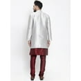 thumbnail image 4 of eloria Men's Indian Traditional Maroon & White Layered Silk Blend Kurta with Churidar Pyjama and jacket Set, 4 of 7