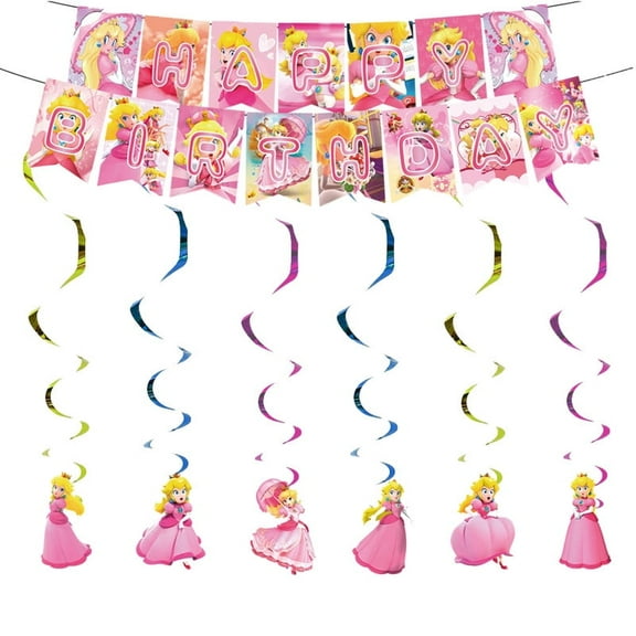 Princess Peach Birthday Party Decorations,Princess Peach Happy Birthday Banner Hanging Swirls for Birthday Party Supplies