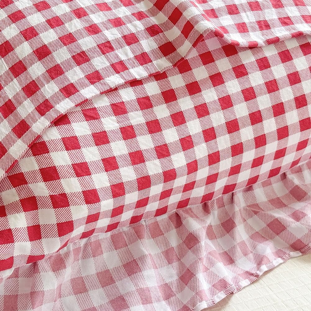 Red Gingham Ruffle Duvet Cover Twin Size, 2 Pieces Soft Pre-Washed Microfiber Checked Plaid Comforter Cover Set, Vintage Farmhouse Bedding Set(Red Gingham, Twin 68"x90")