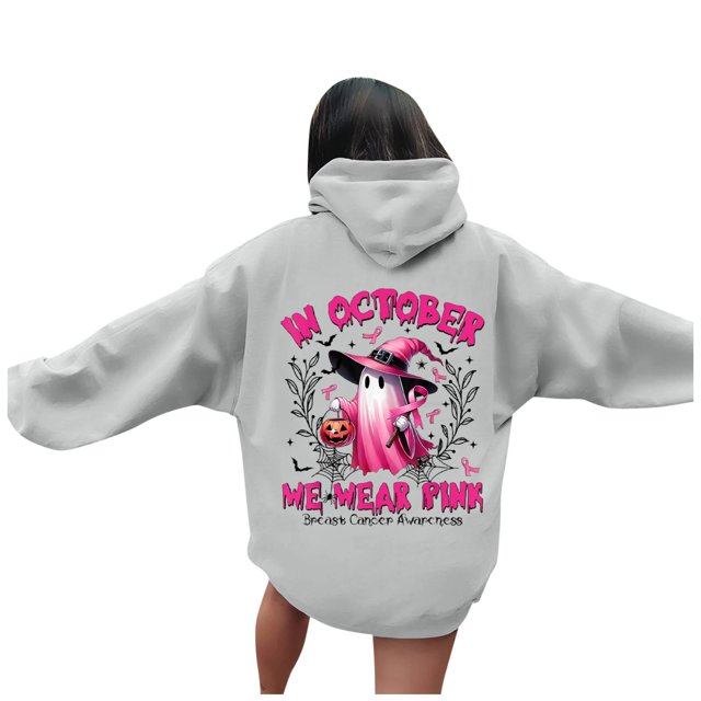 WEAIXIMIUNG Grey Sweatshirt Women's Stand Alone In October We Wear Witch Cancer Awareness Print Hoodie