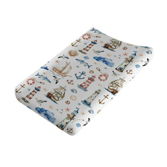 Sailing Adventures Nautical Ocean Changing Pad Cover Boat Anchor Lighthouse Sea Life Diaper Changing Table Sheets for Boy Girl Breathable Stretchy Nursery Changing Table Mats 16''x32''