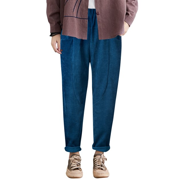 Pantalones de pana para mujer, cintura elástica, bolsillos grandes, pantalones retro, holgados, casu Abanopi Azul/3X-grande