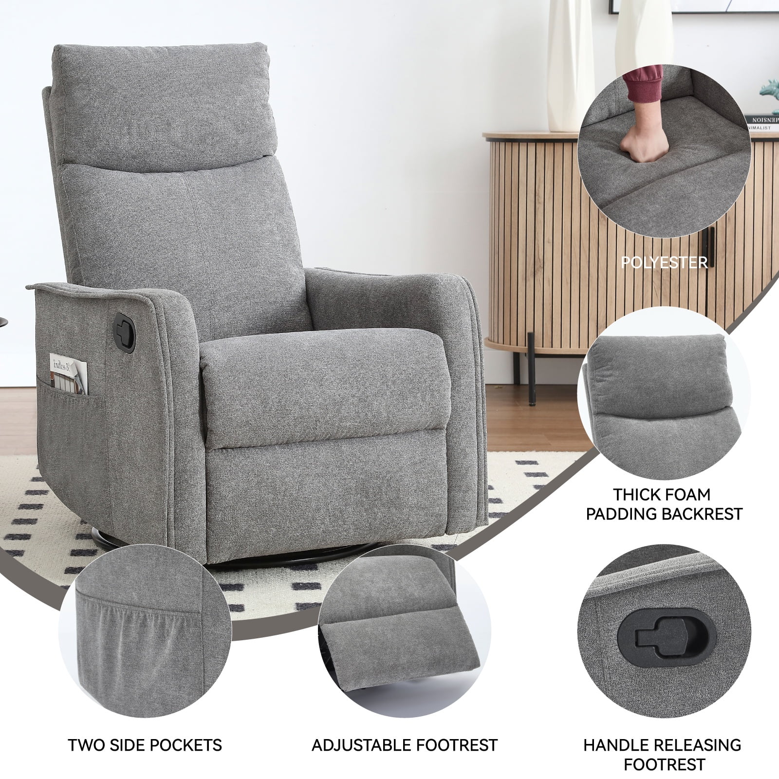 Bellemave Manual Recliner Chair with Massage and Heating Home Theater Recliner Rocking Chair Rocker Chair with High Back in Fabric for Living Room, Bedroom (Gray)
