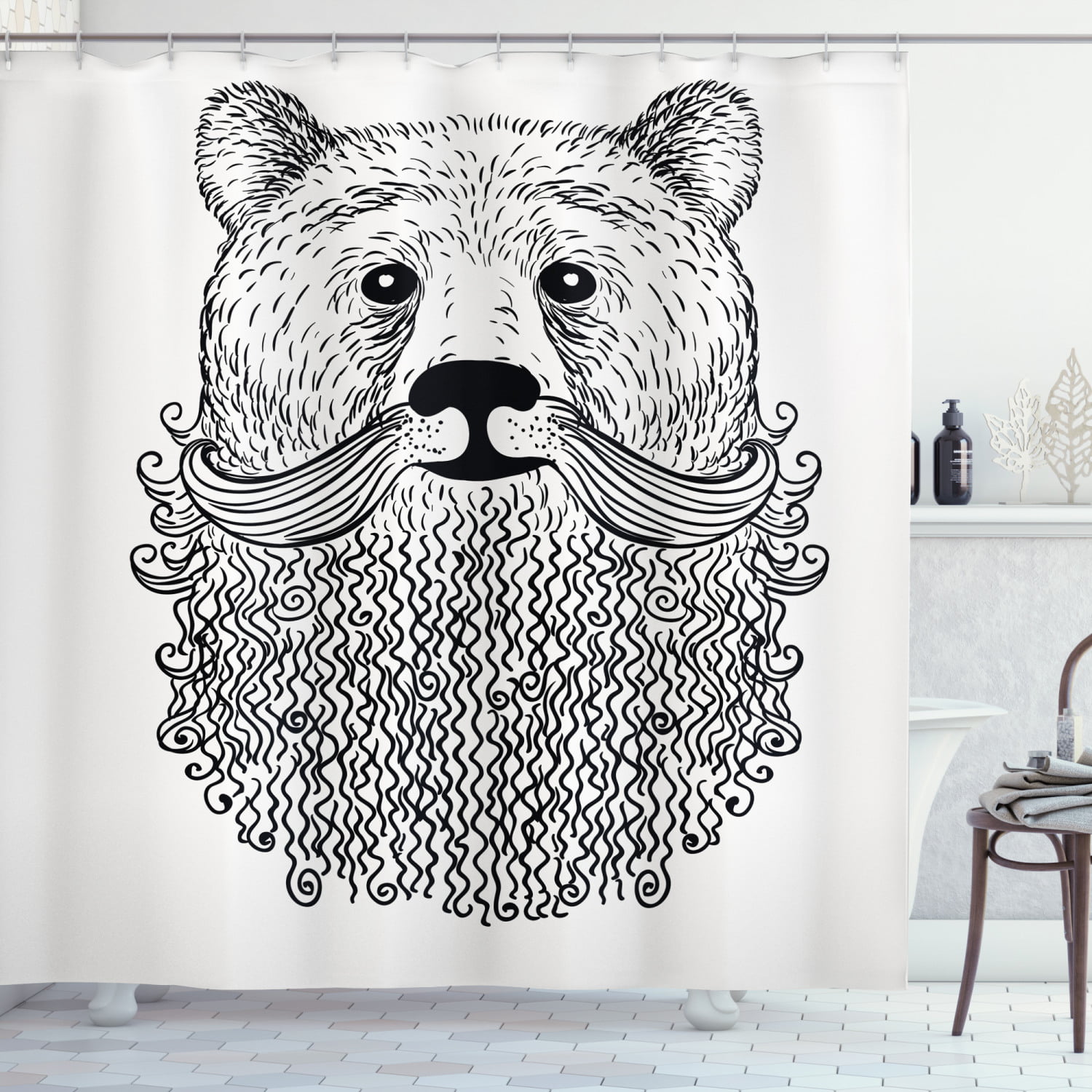 Indie Shower Curtain, Doodle Style Sketch Bear Portrait with Curly Beard  and Mustache Cute Cool Animal, Fabric Bathroom Set with Hooks, 69W X 84L  Inches Extra Long, Black White, by Ambesonne -