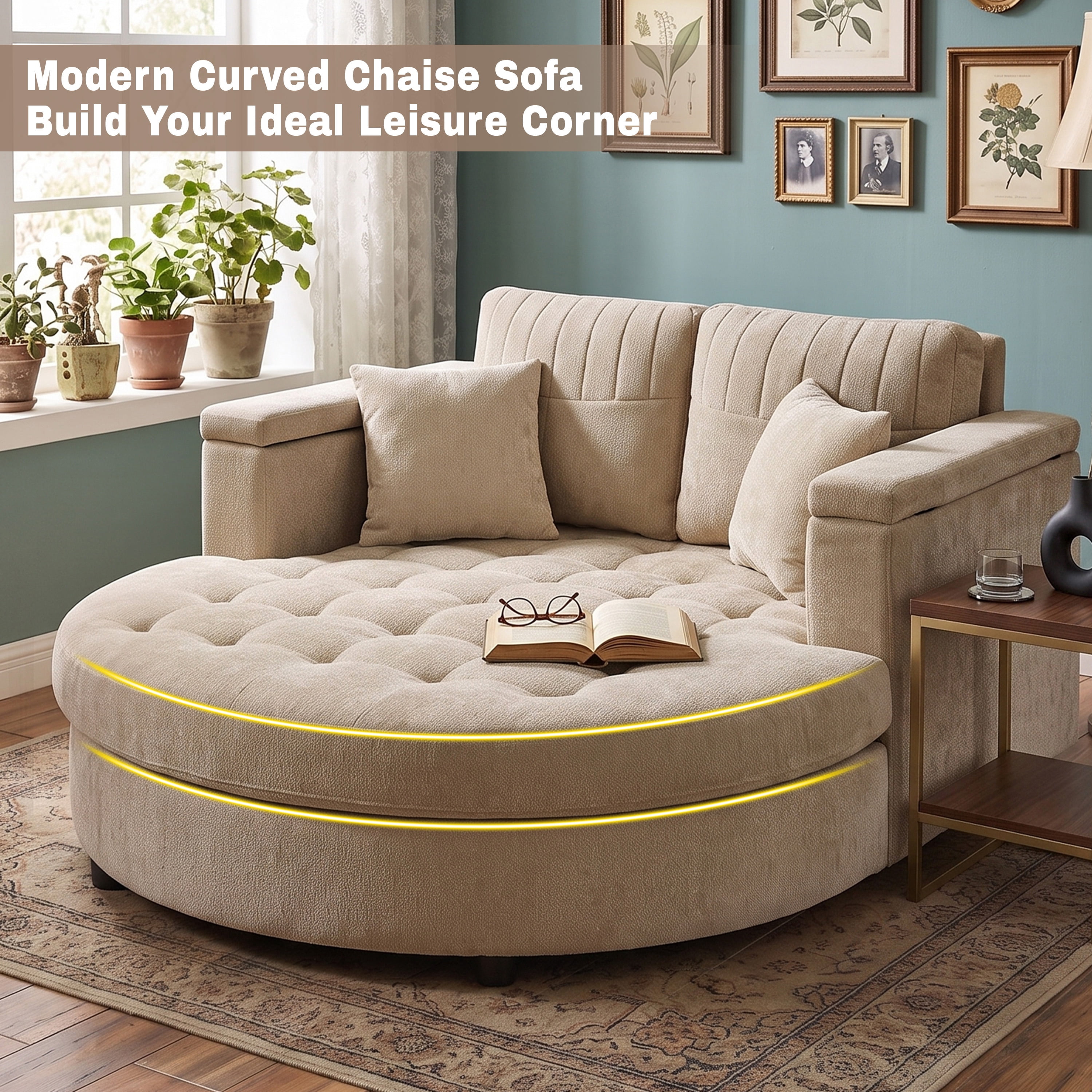 Euroco 66.9" Oversized Chaise Lounge Chair Indoor,Cloud Plush Chenille Floor Sofa Bed with Deep Seat,Storage Arms & Removable Pillows,Modern Upholstered Sofa Couch for Living Room,Khaki