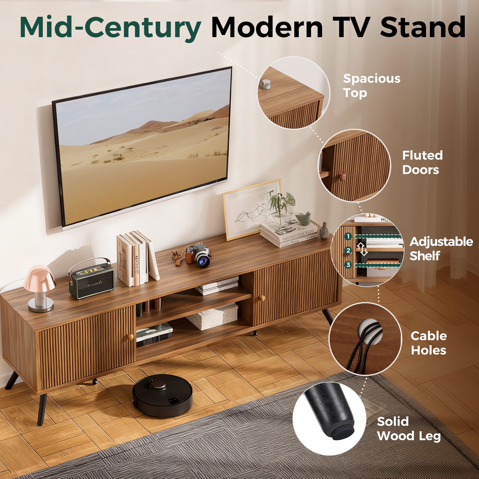 LUCKLIFE 59" Mid Century Modern TV Stand for TVs up to 65", Brown