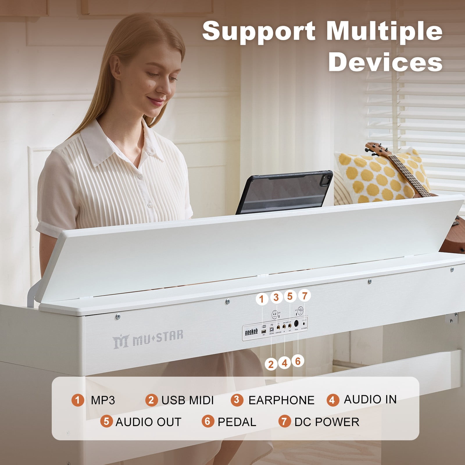 MUSTAR 88Keys Upright Fully Weighted Digital Piano Graded Hammer Action Electronic Keyboards with 3-Pedal for Beginners(White)