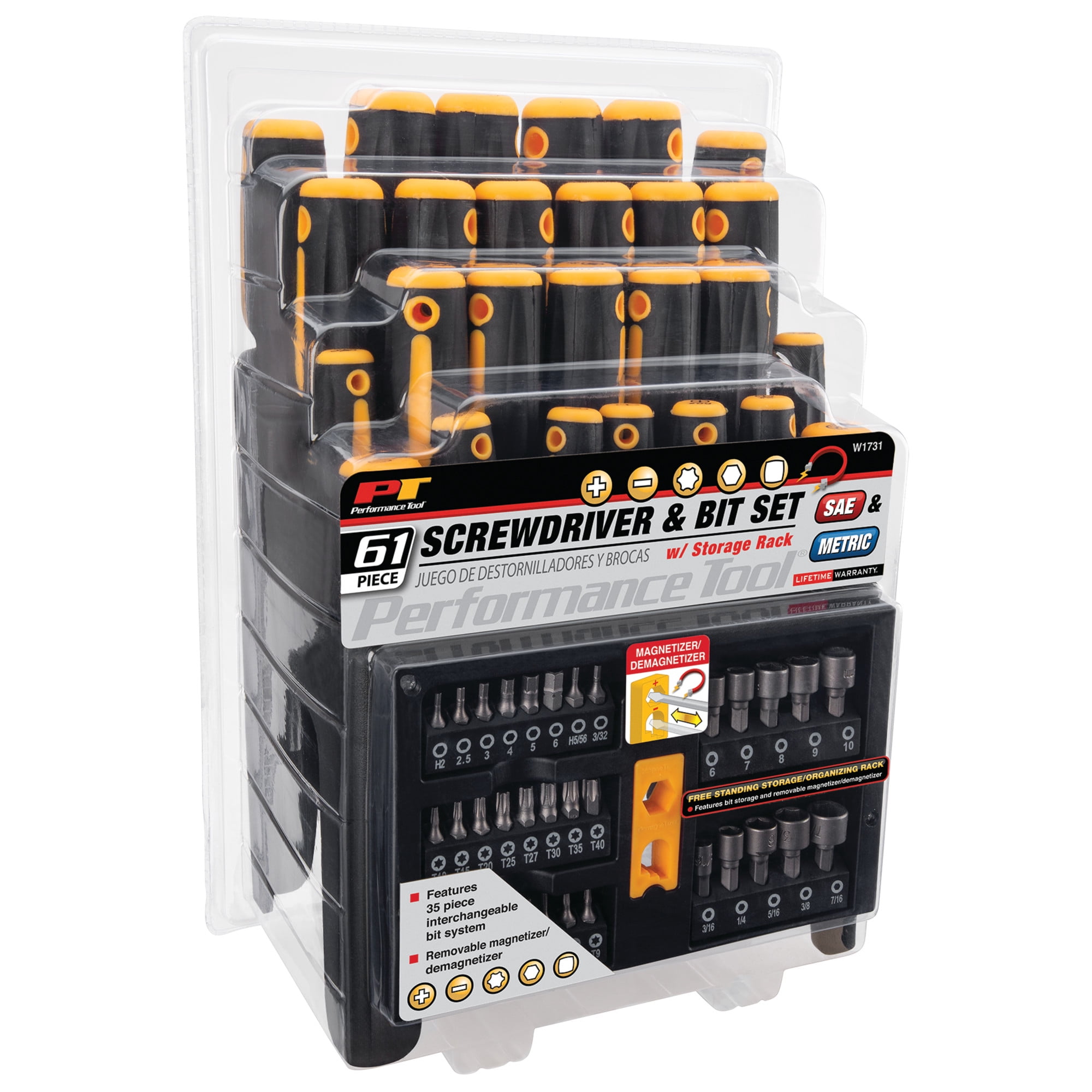 Performance Tool W1731 Screwdriver and Bit Set with Rack, Yellow/Black, 61-Piece