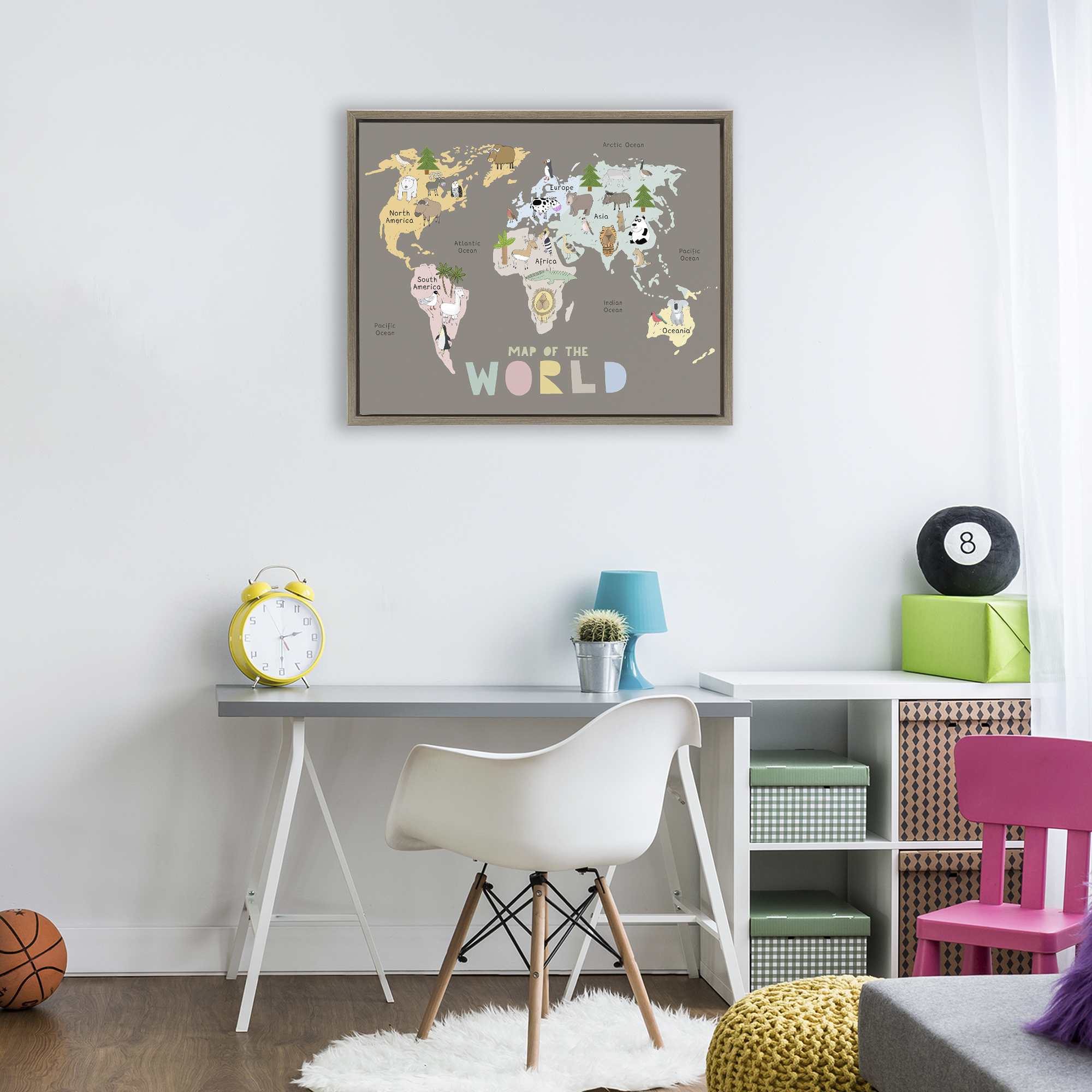 Kid's Map Of World Brown Brown Framed Floater Canvas Wall Art, design by Carla Daly