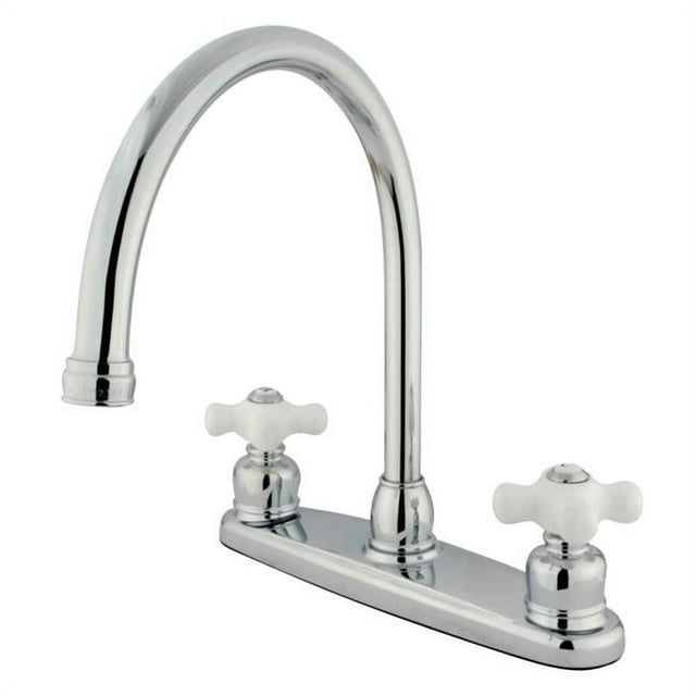 Kingston Brass KB721PXLS Gooseneck Kitchen Faucet with Porcelain Cross Handle, Chrome