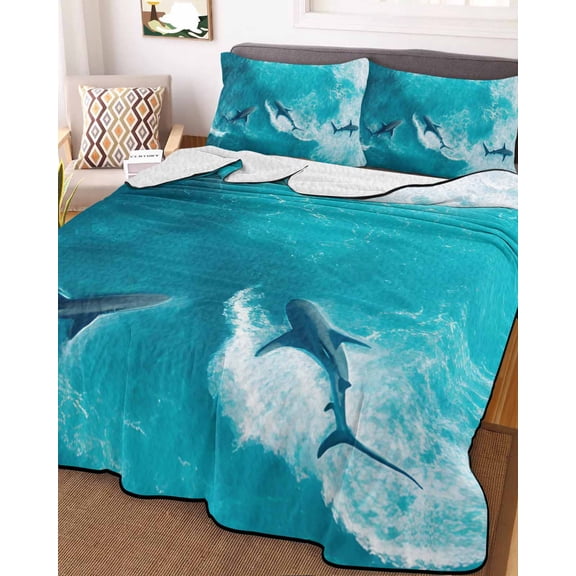 Teal Blue Ocean Shark Queen Size Down Alternative Comforter, Lightweight Comforter Quilt Bedding Set with Pillow Shams Coastal Wave Summer Beach All Seasons Bed Comforter Duvet Insert 90"x96"