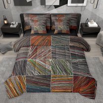 Homewish Retro Geometric Striped 7 Pieces Bedding Comforter Set,Boho Bohemian Lines Full Bedding Set,Brown Gray Fitted Sheet Flat Sheet For Men Women,Luxury Bedroom Decor Reversible