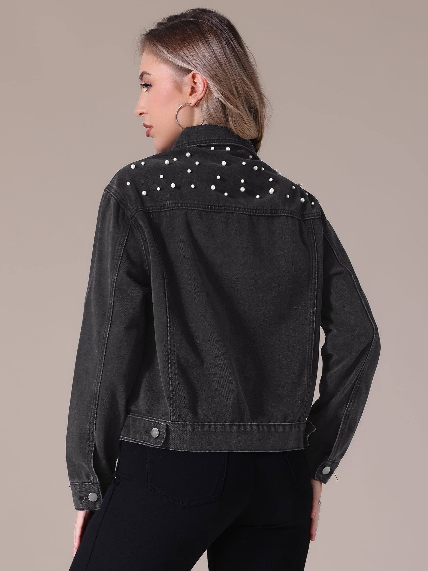 Unique Bargains Women's Jean Jacket Long Sleeve Button Up Denim Jackets L Black