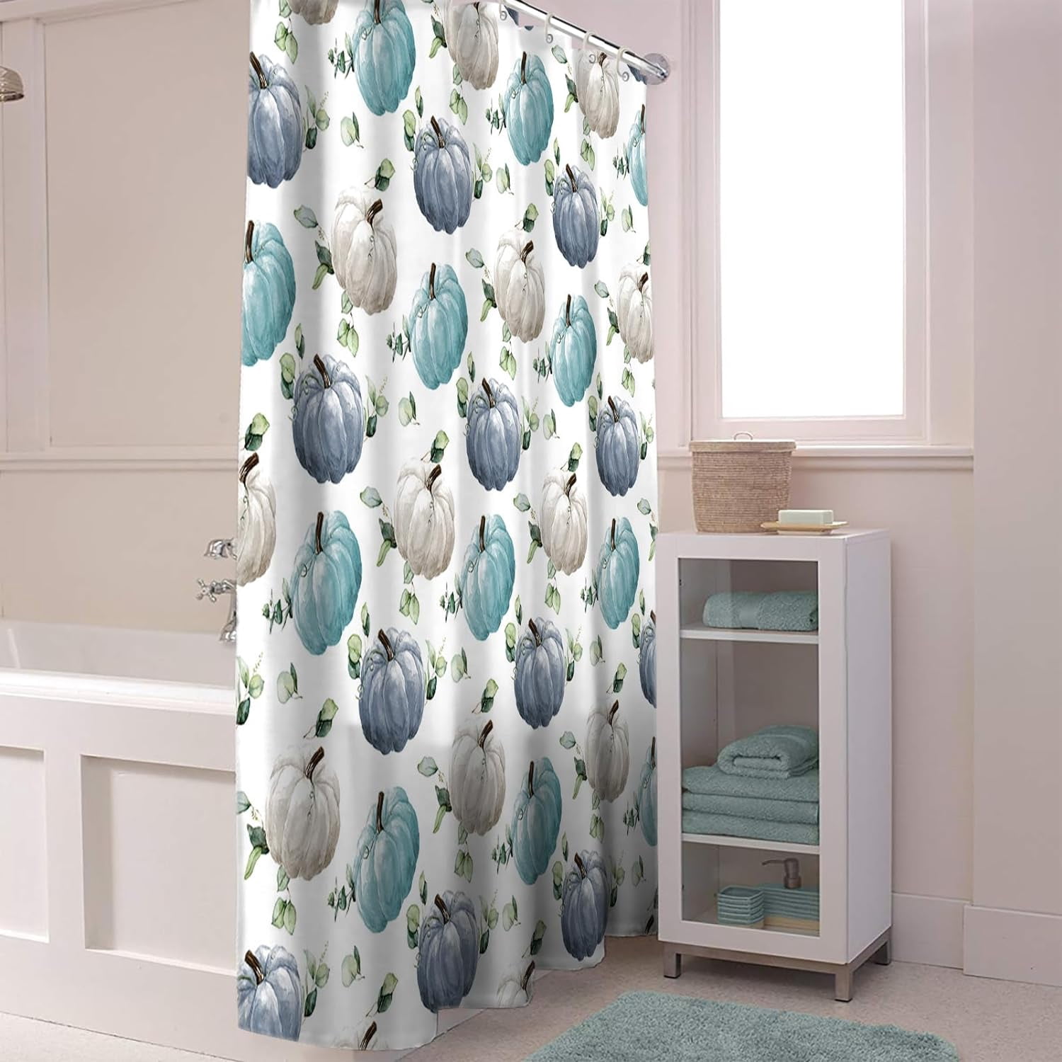 Fall Shower Curtain Watercolor Pumpkin Blue White Shower Curtains for Bathroom Green Eucalyptus Leaves Bath Curtains Sets for Autumn Thanksgiving Seasonal Bathroom Decor Fabric Waterproof 72 x 72 in