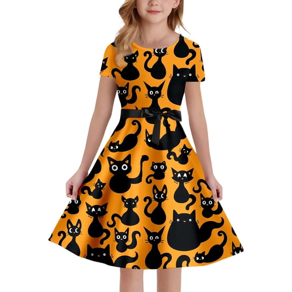 Oiyii Black Cat Printed A-line Gown for Big Girls Short Sleeve Midi Dresses Summer Halloween Cute Theme Skirts,Orange