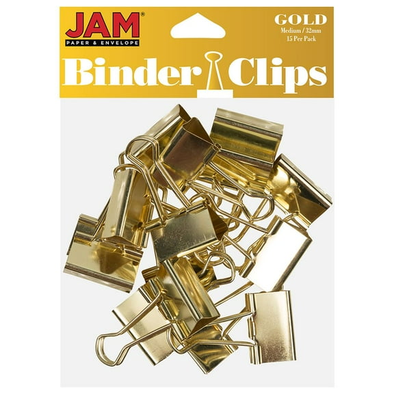 JAM Paper Colorful Binder Clips, Medium, 1 1/4 inch (32 mm), Gold, 15/Pack